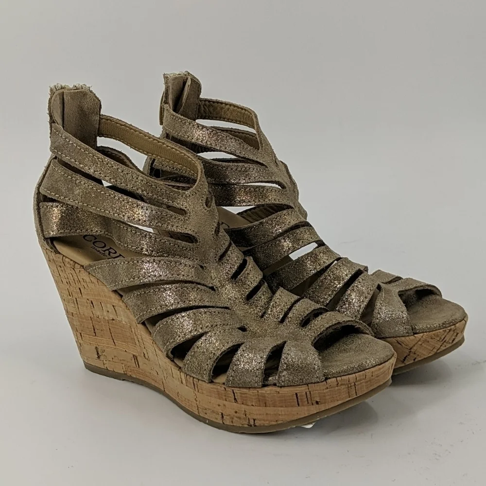 NWT CORDANI Metallic Leather Cork Wedge Sandals
